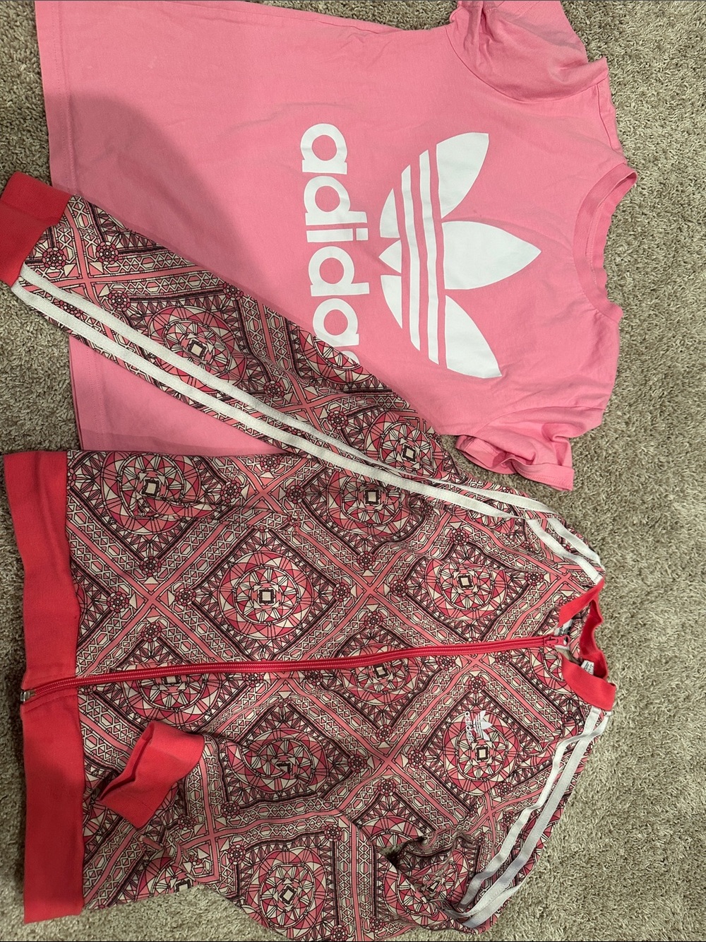 adidas Pink Girls Short Sleeve Tee with Matching Patterned Jacket